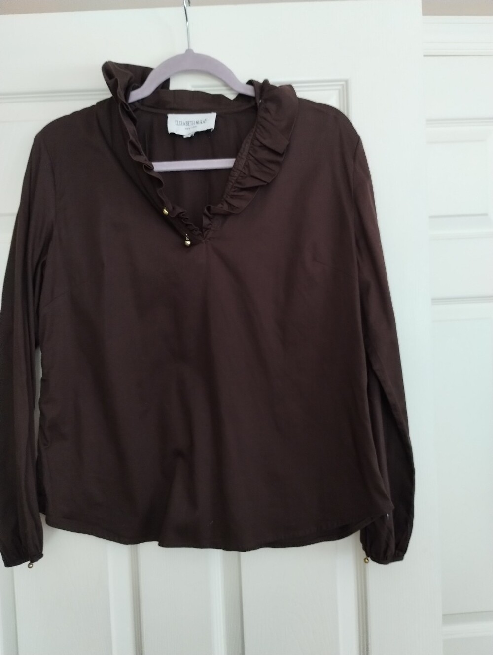 Elizabeth McKay Chocolate Brown Ruffle V-Neck Long Sleeve Blouse 10